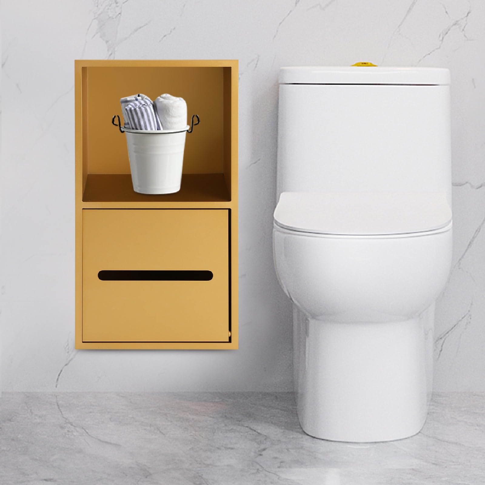Niche murale encastrée dorée avec étagère de douche et porte-papier toilette inox