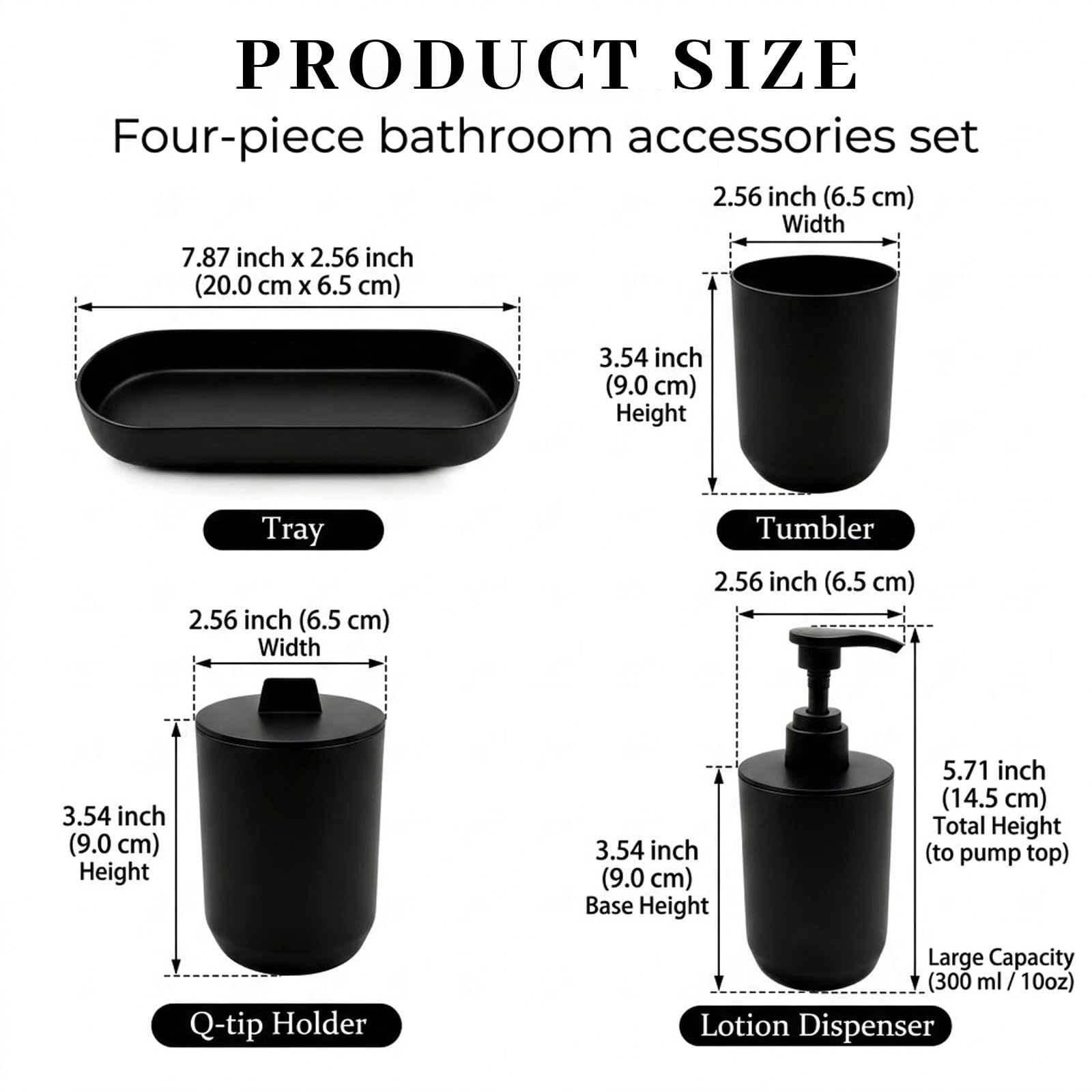 4-teiliges Badezimmer-Set Matt Schwarz – Ensemble d'accessoires de salle de bain modernes avec distributeur de savon, gobelet, récipient de stockage et plateau – Organisateur en plastique pour