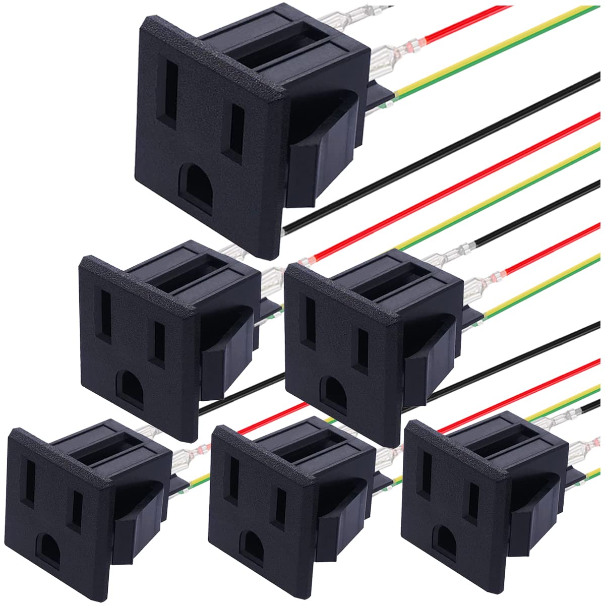 MKBKLLJY 6Pcs 3 Pins US Power Socket Plug Panel 15A 125V AC Panel Mount Outlet Industrial Plug Female Connectors Adapter with 18AWG Connection cord line