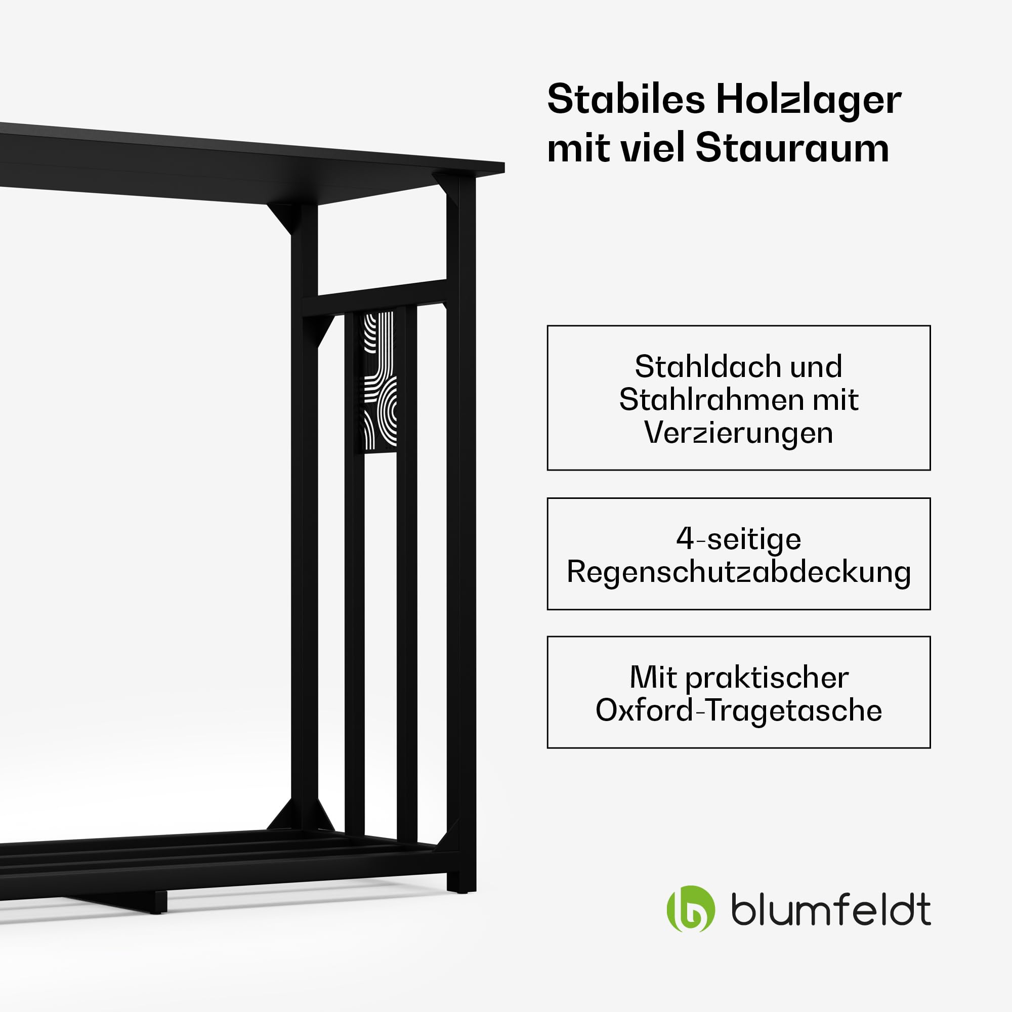 blumfeldt Valdivian Kaminholzregal – 2,3 m³ Metall-Brennholzregal mit Stahldach & Regenschutz, Robustes Holzlager Innen, Wetterfestes Feuerholzregal, Inkl. Tragetasche für Kaminholz Aufbewahrung