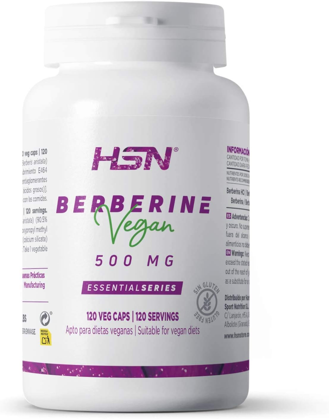 Berberina HCl de HSN | 500mg | Procedente de Berberis Aristata | Alta Biodisponibilidad | No-GMO, Vegano, Sin Gluten, Sin Lactosa | 120 Cápsulas Vegetales