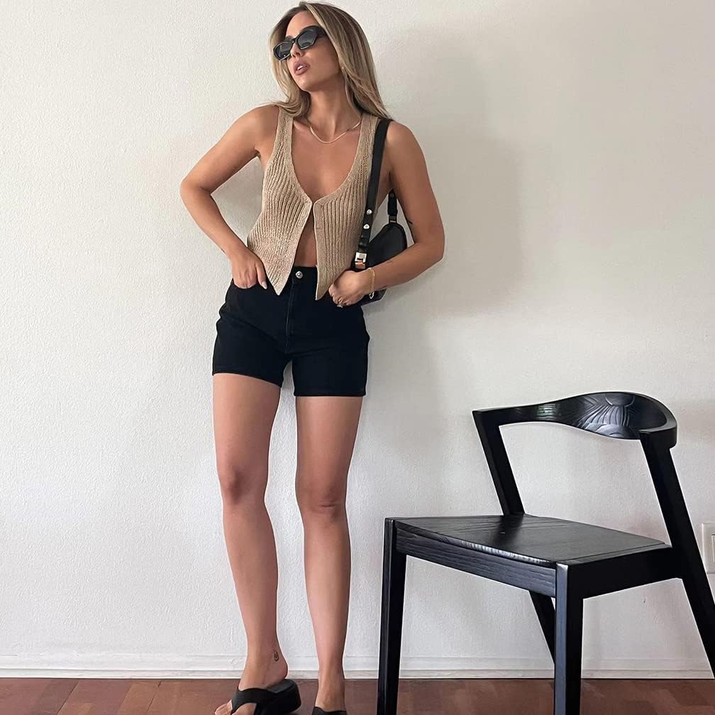 Women Y2k Vintage Hook Eye Knit Top Vest V Neck Sleeveless Solid Causal Open Front Sweater Vest Streetwear - Image 4