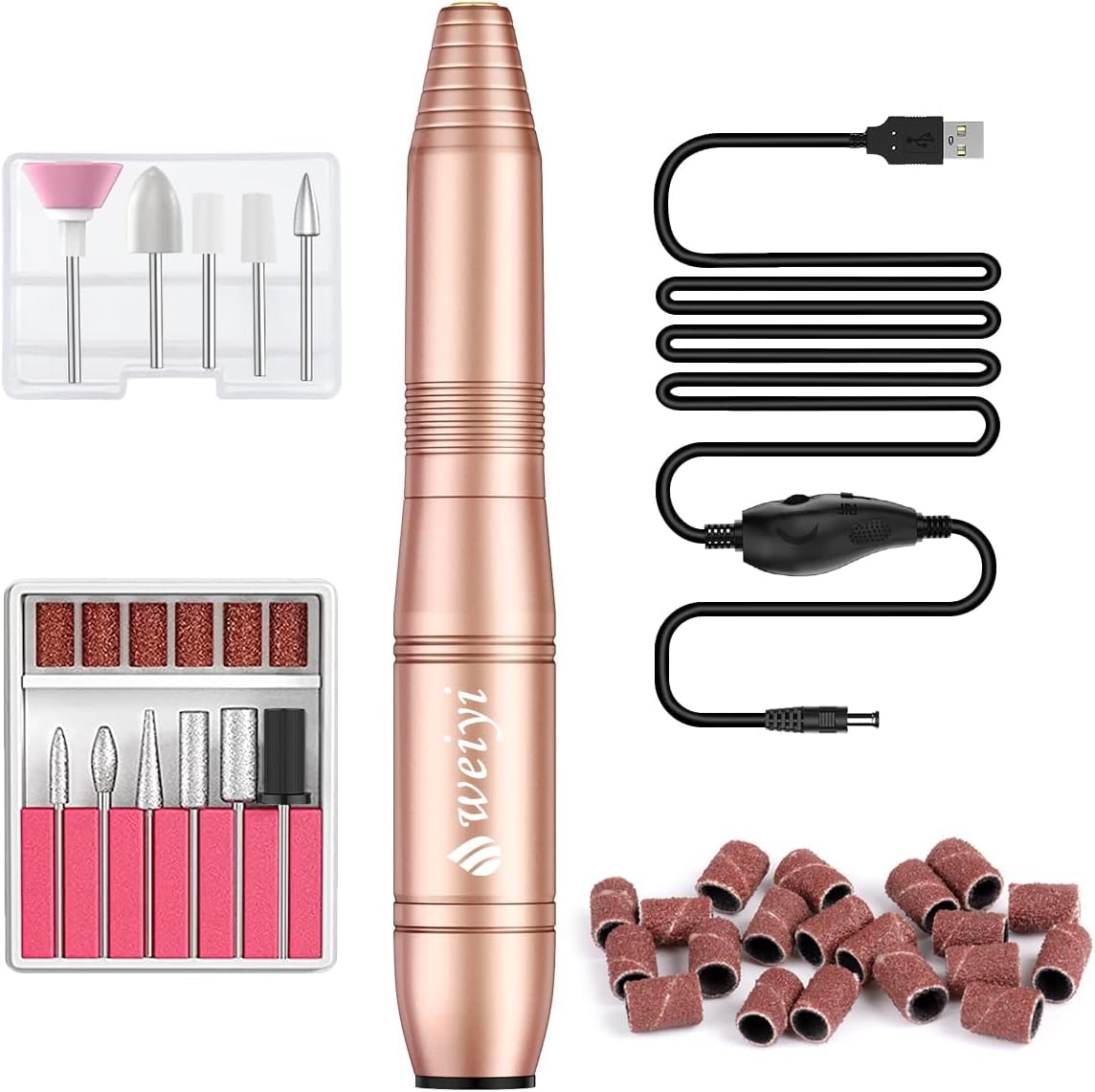 WEIYI Torno de uñas, Taladro para manicura y pedicura USB profesional de 20.000 rpm Taladro eléctrico portátil para uñas acrílicas, herramientas para pulir uñas (dorado)