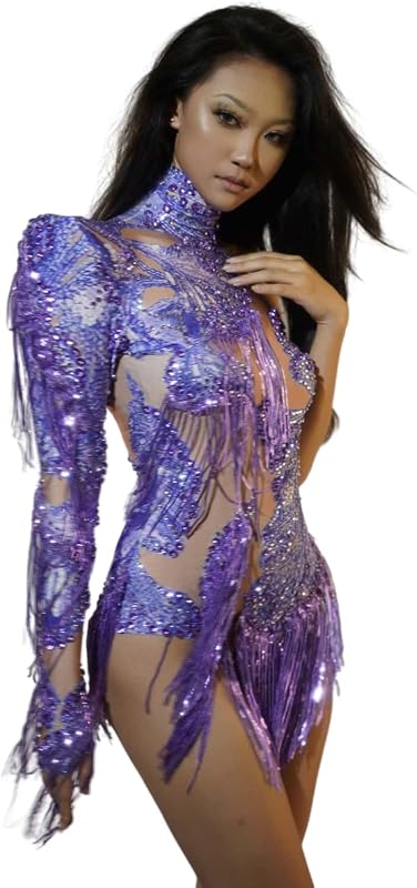 Body con borlas de lentejuelas brillantes para mujer, leotardo con un solo hombro, traje de actuación, traje de baile, ropa para espectáculo en escenario