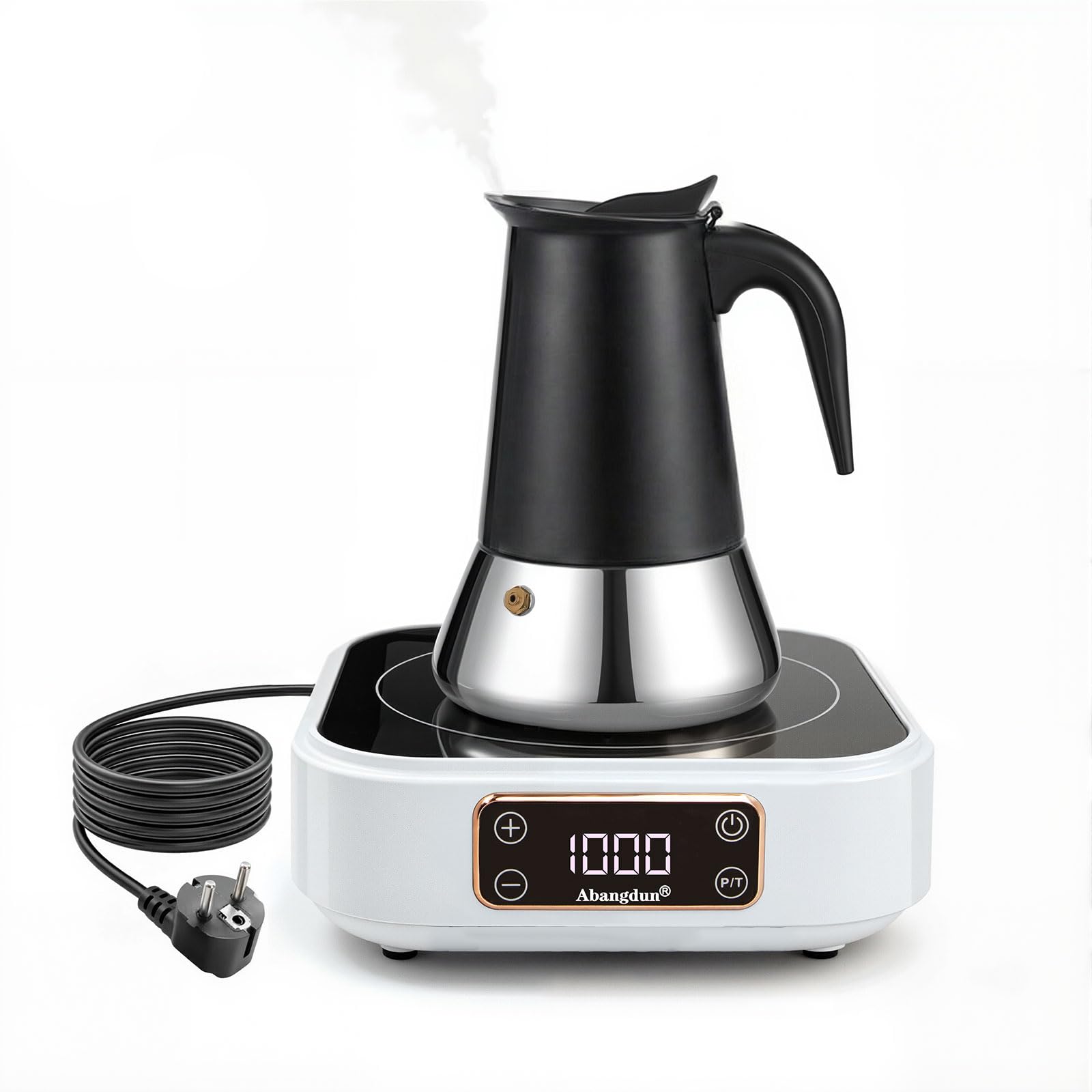 Mini placa de inducción con cafetera moka, placa de inducción de 1000 W de 1 zona, placa de inducción con 7 niveles de potencia, placa eléctrica de inducción para autocaravanas y camping AJ350 (18F)