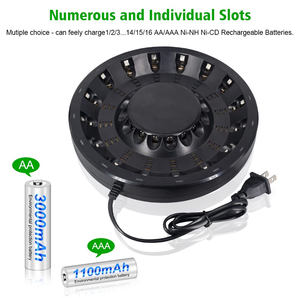 Chargeur de batterie 16 baies AA AAA (mise à jour, charge haute vitesse) avec lumière LED intelligente et prise, pour piles rechargeables NIMH NICD et plus encore