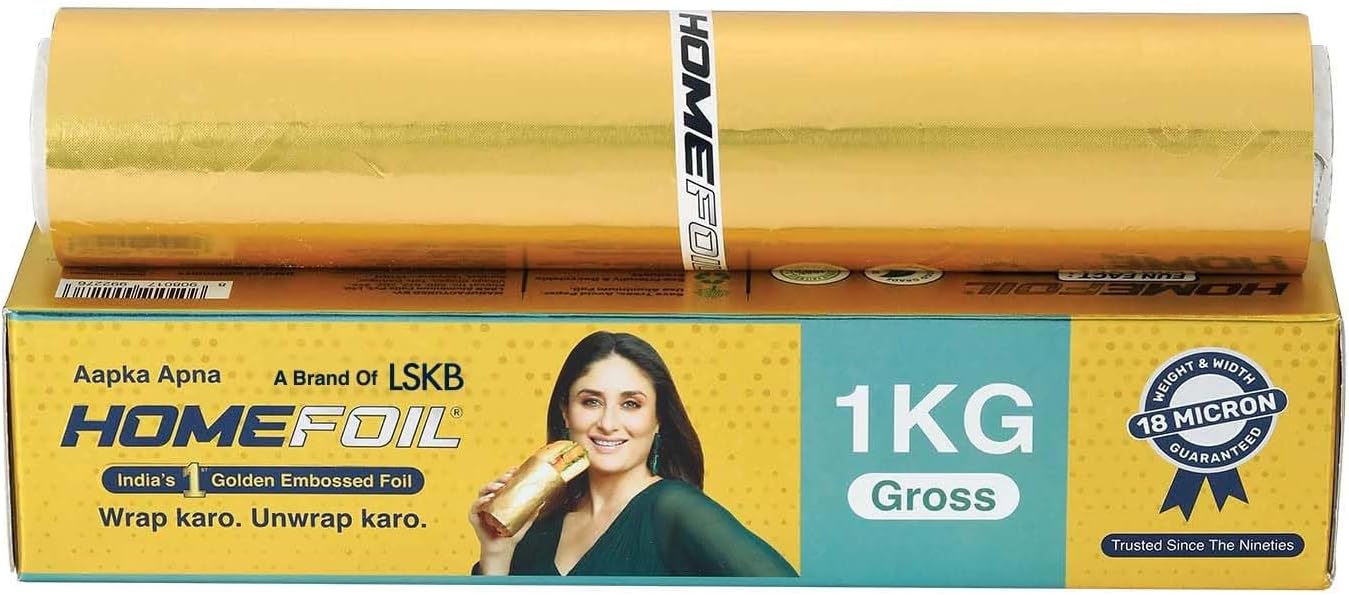 HOMEFOIL 1 Kg Gross Golden Embossed Converted Aluminium Foil | 18 Micron Thickness | Ideal for Food Wrapping, Packing, Storing and Serving | 48.64 Meters Net Guaranteed Length