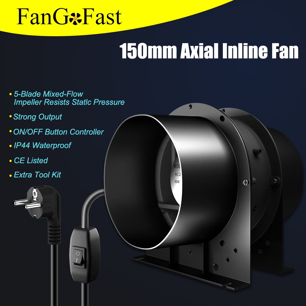 FanGoFast Extractor de Aire 150 mm, 334 m³/h, ventilador axial con interruptor de encendido/apagado y manguera de 3 m para tienda de cultivo, garaje, sala de herramientas, oficina