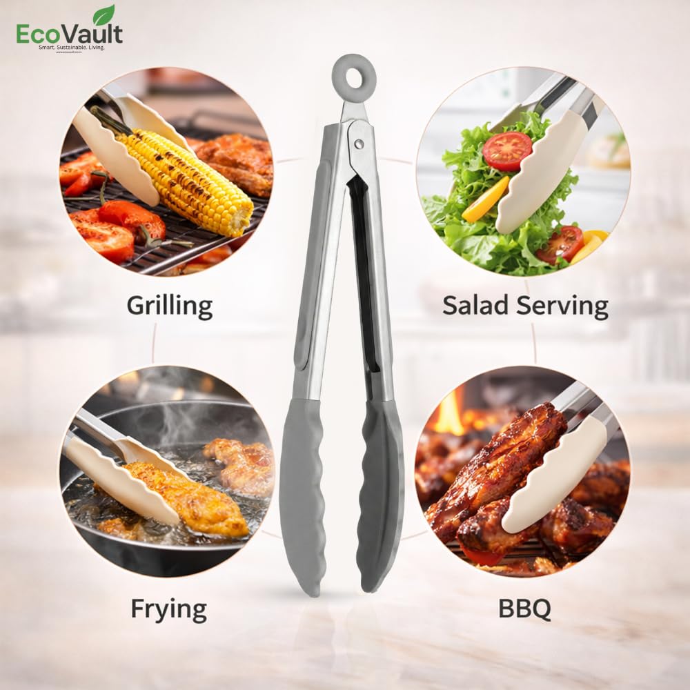EcoVault Steel & Silicon Food Tongs - Heat Resistant -4 EcoVault Steel & Silicon Food Tongs - Heat Resistant -4