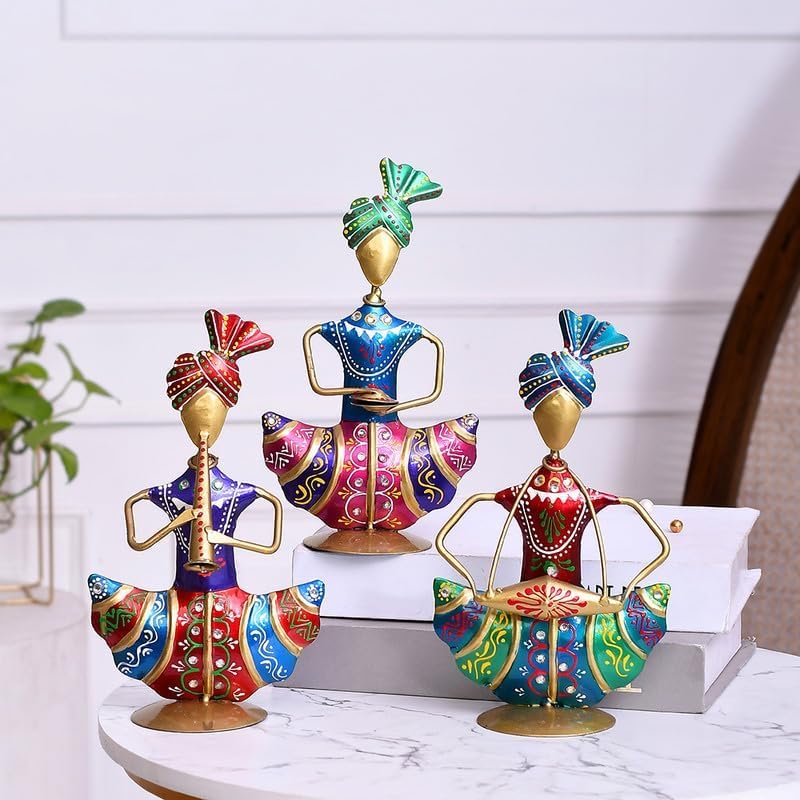Image of Sitting Sardar Set of 3 Handcrafted Rajasthani Musician Figurines | Traditional Home Decor Showpiece for Living Room, Office Desk & Shelf | Decorative Items for Table | 33 cm