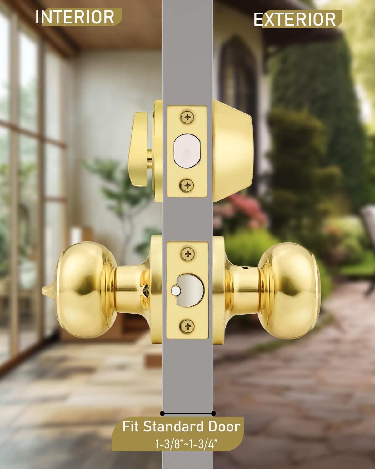 1 Pack Keyed Alike Front Door Knob and Deadbolt Set, Entry Door Locksets with Single Cylinder Deadbolt, Polished Brass Flat Round Door Lock Set for Bedroom/Office/Exterior Doors
