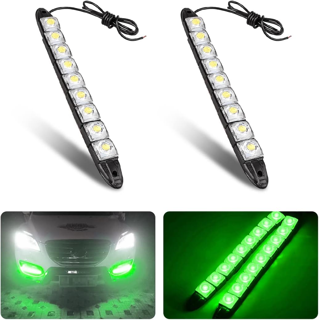 2Pcs 9 LED Daytime Running Strip Lights DRL Kit, Flexible Bright Spot Fog Lamp, High Power Clearance Light, Auto Accessories Universal Fit Many Cars (Green)