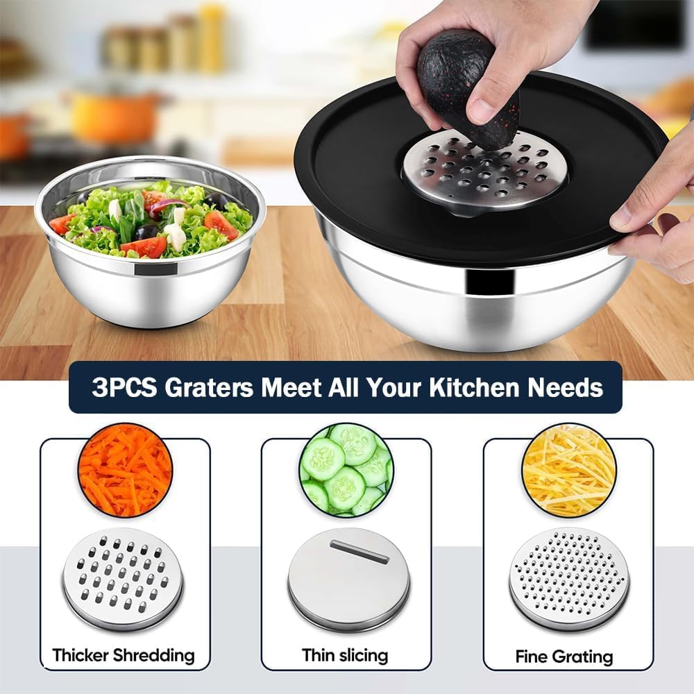Mixing Bowls with Lids Set, Stainless Steel, 7 Sizes (0.7-4.5QT), with 3 Grater Attachments, Nesting, Dishwasher Safe, for Cooking, Baking and Serving (Black-7 Sizes)
