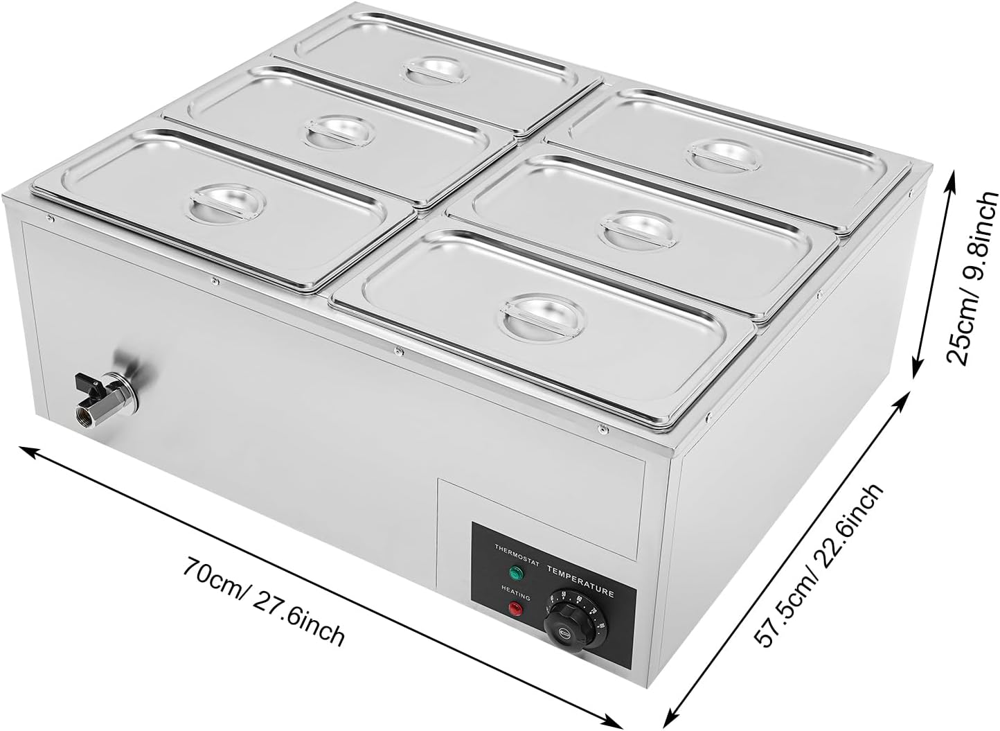 6-Pan Commercial Food Warmer, 850W Electric Stainless Steel Steam Table with Lid & Handle, Countertop Bain Marie Buffet Food Warmer for Home, Catering and Restaurants