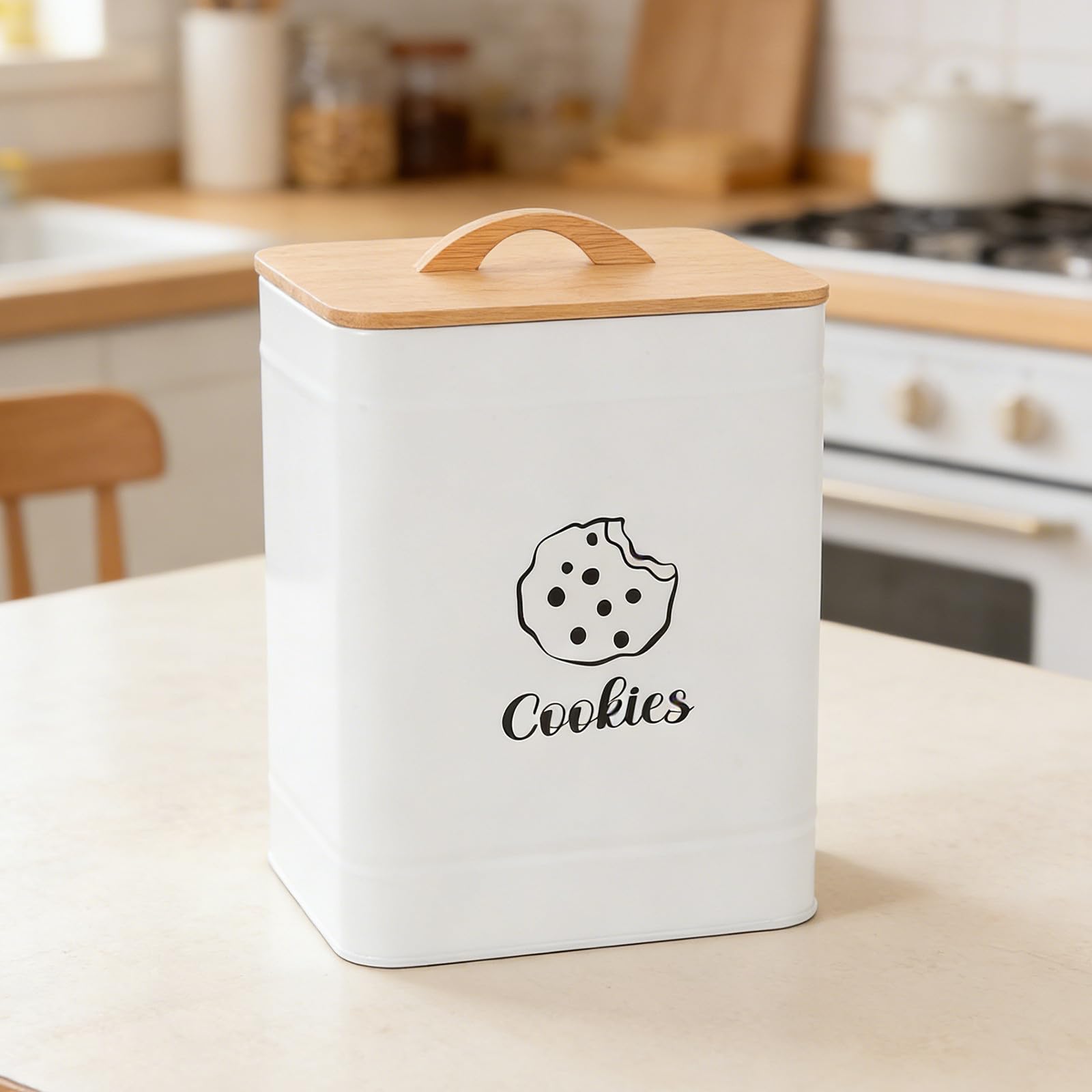 Barattolo Bianco Ermetico Biscotti Bambù con Coperchio per Contenitore in Ferro Quadrato, Soluzione di Stoccaggio Ottimizzata per Bancone Cucina