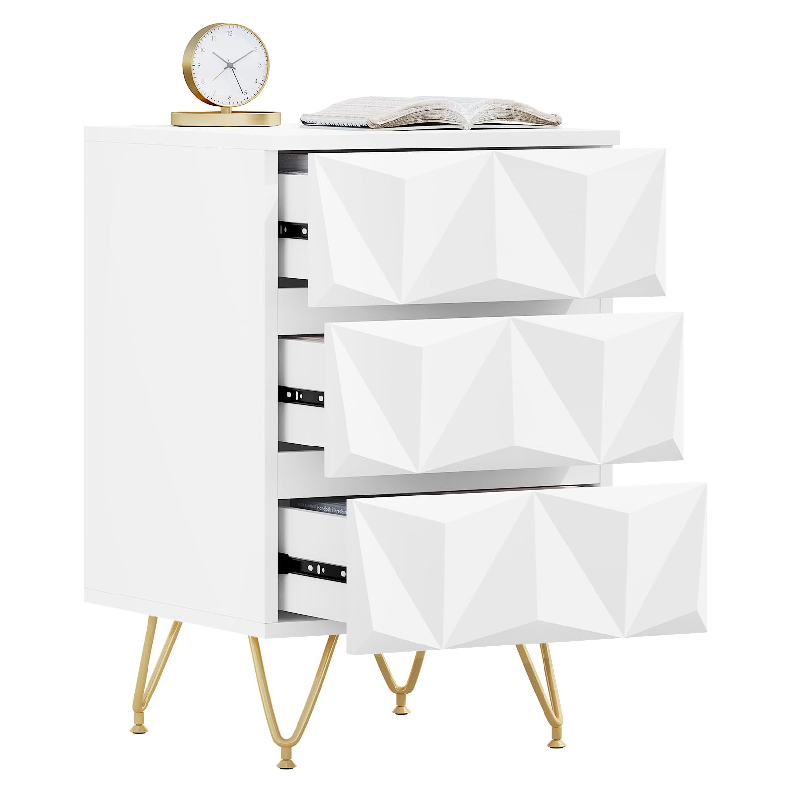 EUGAD Stolik nocny z 3 szufladami z efektem 3D, stolik pomocniczy, szafka nocna, 40 x 62,5 x 40 cm, do łóżka kontynentalnego, sypialni, salonu, dekoracyjny, biały + złoty, 0004CTG