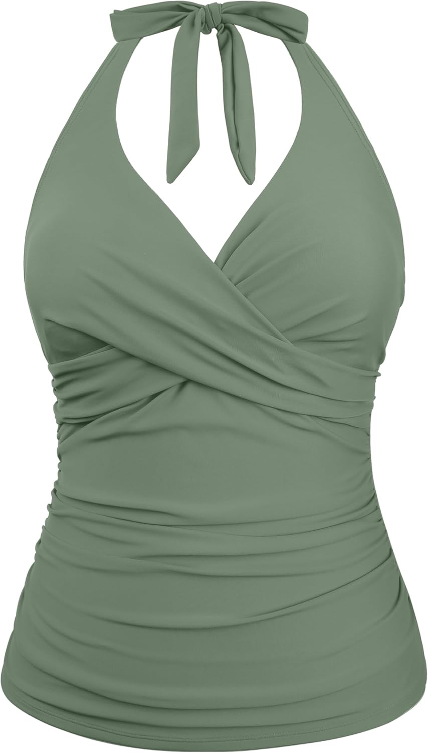 Hilor Women's Underwire Tankini Tops Ruched Tummy Control Bathing Suit Tops Plunge Halter V Neck Swimsuit Twist Swim Top Only