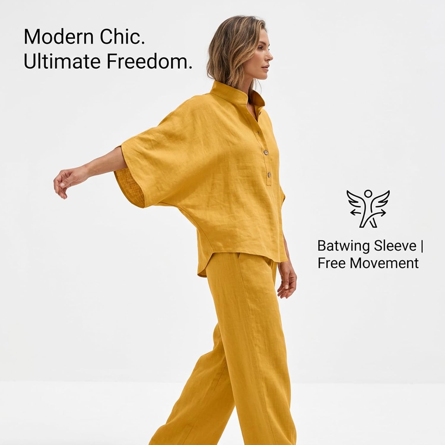 Women's Batwing Sleeve Linen Cotton Two Piece Set - Casual Shirt and Wide Leg Pants Outfit