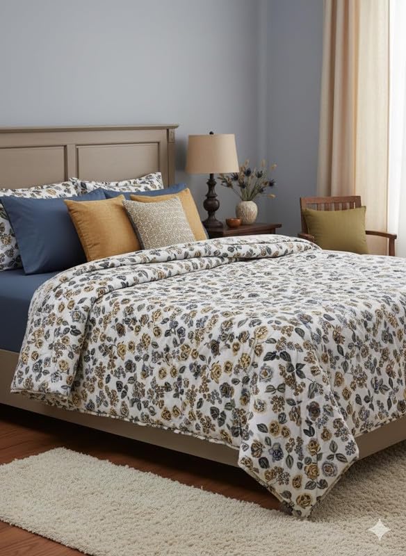 Image of Utopia Bedding Microfiber AC Comforter for King Size 220x240 cm - Lightweight, Skin-Safe & Hotel-Style Quilted Blanket with Floral Print (Beige)