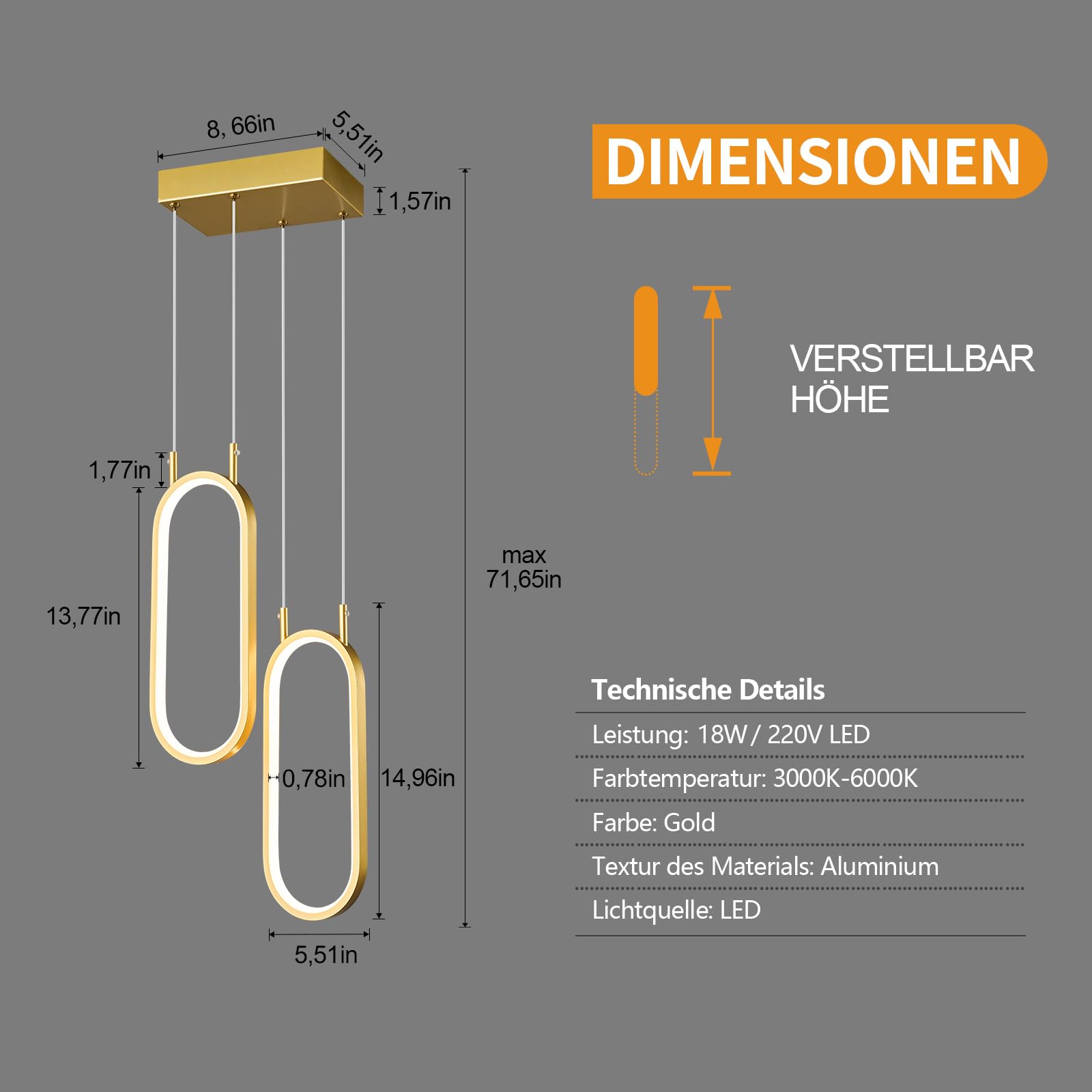 Moderne Dimmable Küche Pendelleuchten Or LED Pendulum Lampe 2 Anneaux Oval Pendulum Eclairage pour Küche Île Schlafzimmer Wohnzimmer Esszimmer