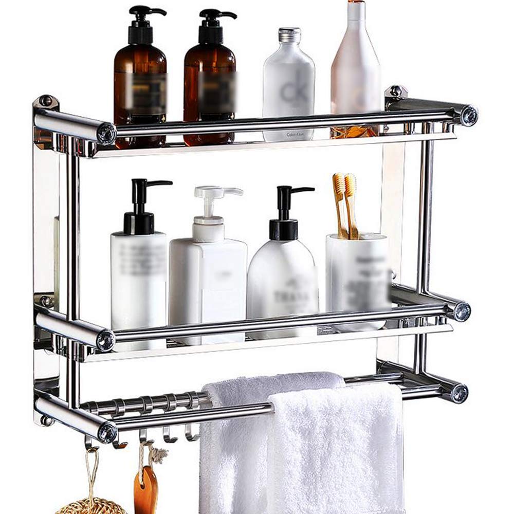 Estanterías para Baño Acero Inoxidable Pared Montado, Estanteria Ducha Estantes Baño con Toallero con Ganchos Pared Estante para Baño para Cocina,Silver-50cm