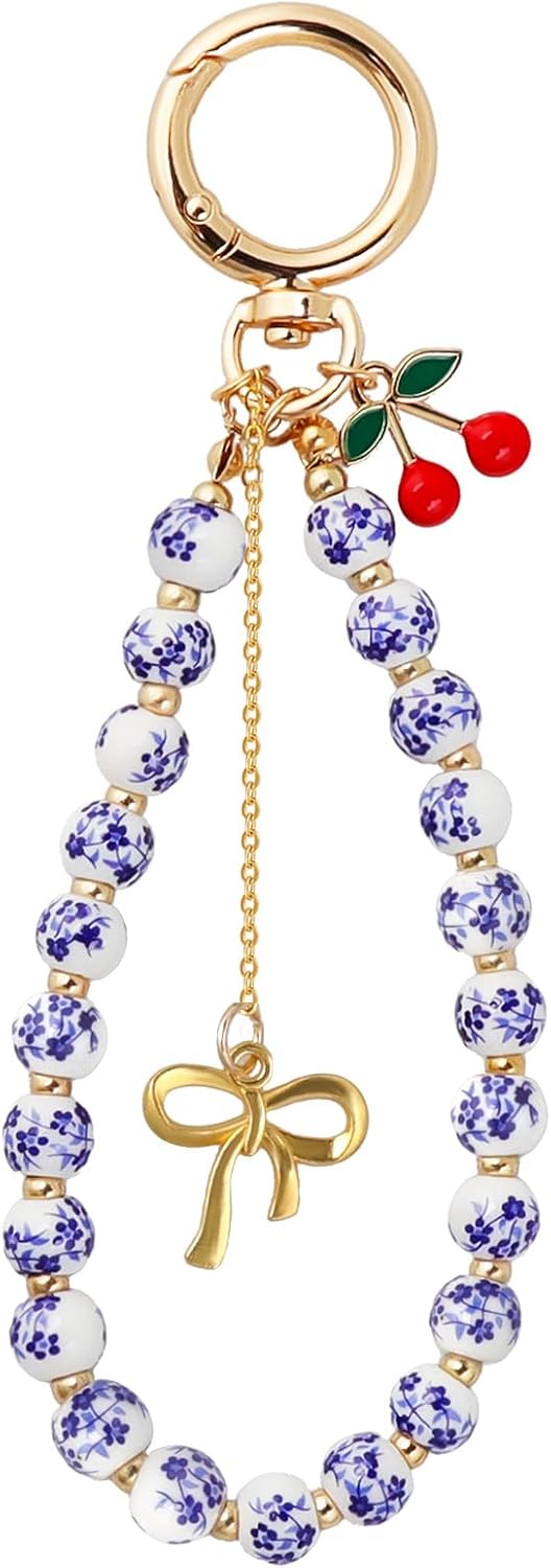 Beaded Keychain Wristlet for Women Glitter Cherry Keychain Beaded Charm Bow Key Ring Bracelet Car Key Chain Vintage Beaded Bag Purse Accessories for women