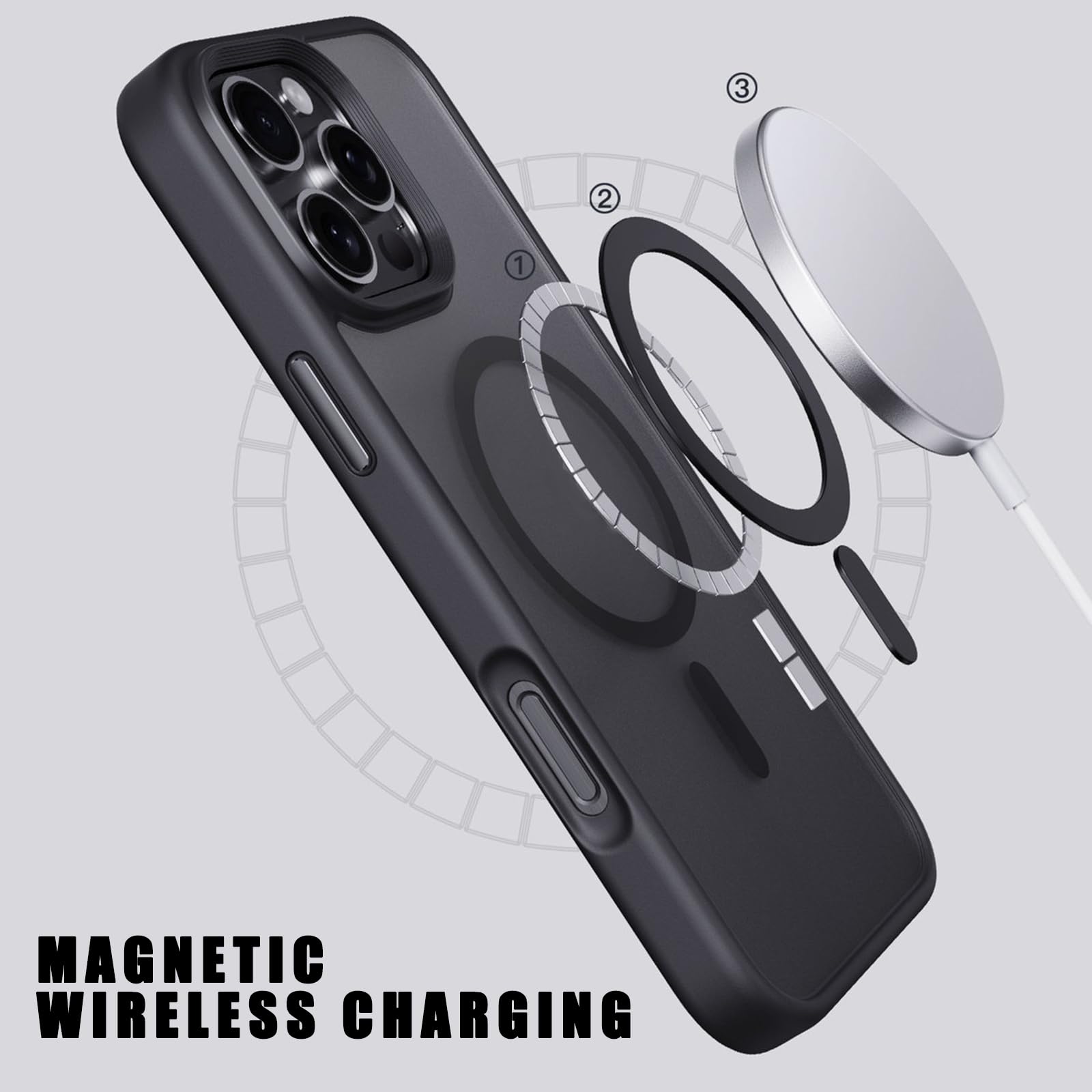 Hülle für iPhone 16 Pro Max/16 Pro/16 Plus/16, Laden rutschfest Schutzhülle Support Magnetische Kabelloses Metall Button Handyhülle,Schwarz,16 Pro