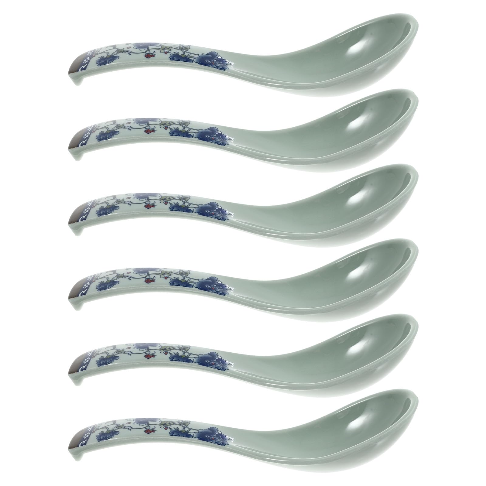 Generic 6Pcs Blue Floral Pattern Soup Spoons Set, Sturdy Ceramic-Resistant Tableware for Home and Restaurant, Suitable for Soup, Rice, and Dessert Serving
