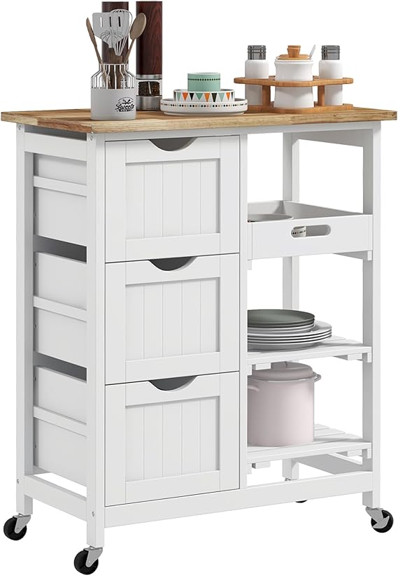 HOMCOM Rolling Kitchen Island Cart, Bar Serving Cart, Compact Trolley on Wheels with Wood Top, Shelves & Drawers for Home Dining Area, White