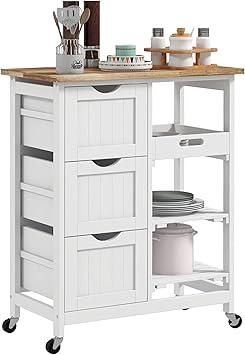 HOMCOM Rolling Kitchen Island Cart, Bar Serving Cart, Compact Trolley on Wheels with Wood Top, Shelves & Drawers for Home Dining Area, White