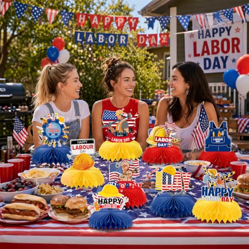 Image of Labor Day Patriotic Decorations - 9 Pcs Happy American Party Set | Paper Honeycomb Centerpieces for Table, USA Red White Blue Supplies Decor Photo Booth Props for Office Home Indoor Outdoor