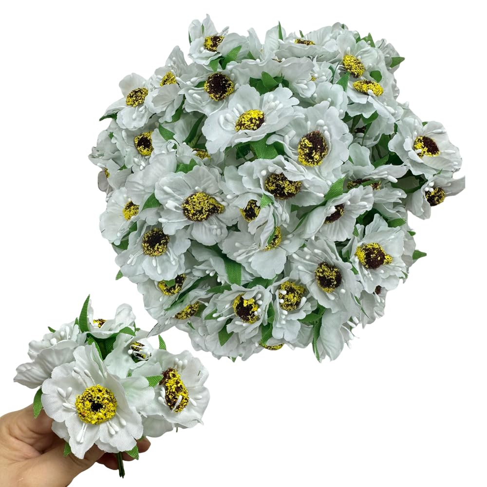 60pcs Mini Artificial Poppy Flowers Heads and Soft Stem,45mm Tiny Anemone Flower add Green Leaf for DIY Wedding Make Bridal Hair Clips,Cake Top,Wrist Corsage Boutonniere,Wreath Bracelet Flower (White) — image 1