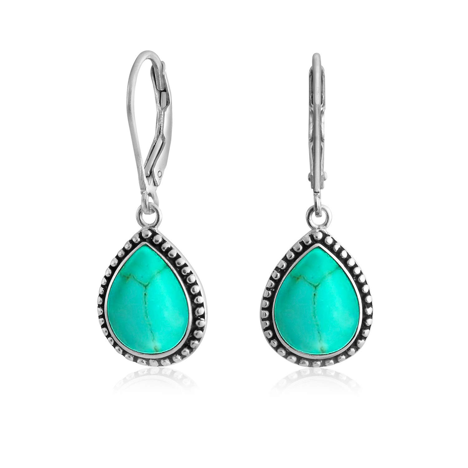 Boho Western Stil Milgrain Einstellung Halbedelsteine Lapis Türkis Jade Onyx Quarz Pear Shaped Träne Lever Back Baumelnd Drop Ohrringe Für Frauen Teen Oxidiert .925 Sterling Silber
