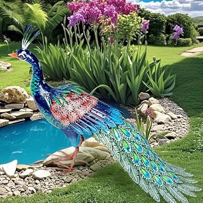 Kircust Metal Peacock Statue for Outdoor Decor - 24" L Elegant Peacock Sculpture for Garden, Patio, Yard, or Home - Weatherproof & Handcrafted Peacock Art