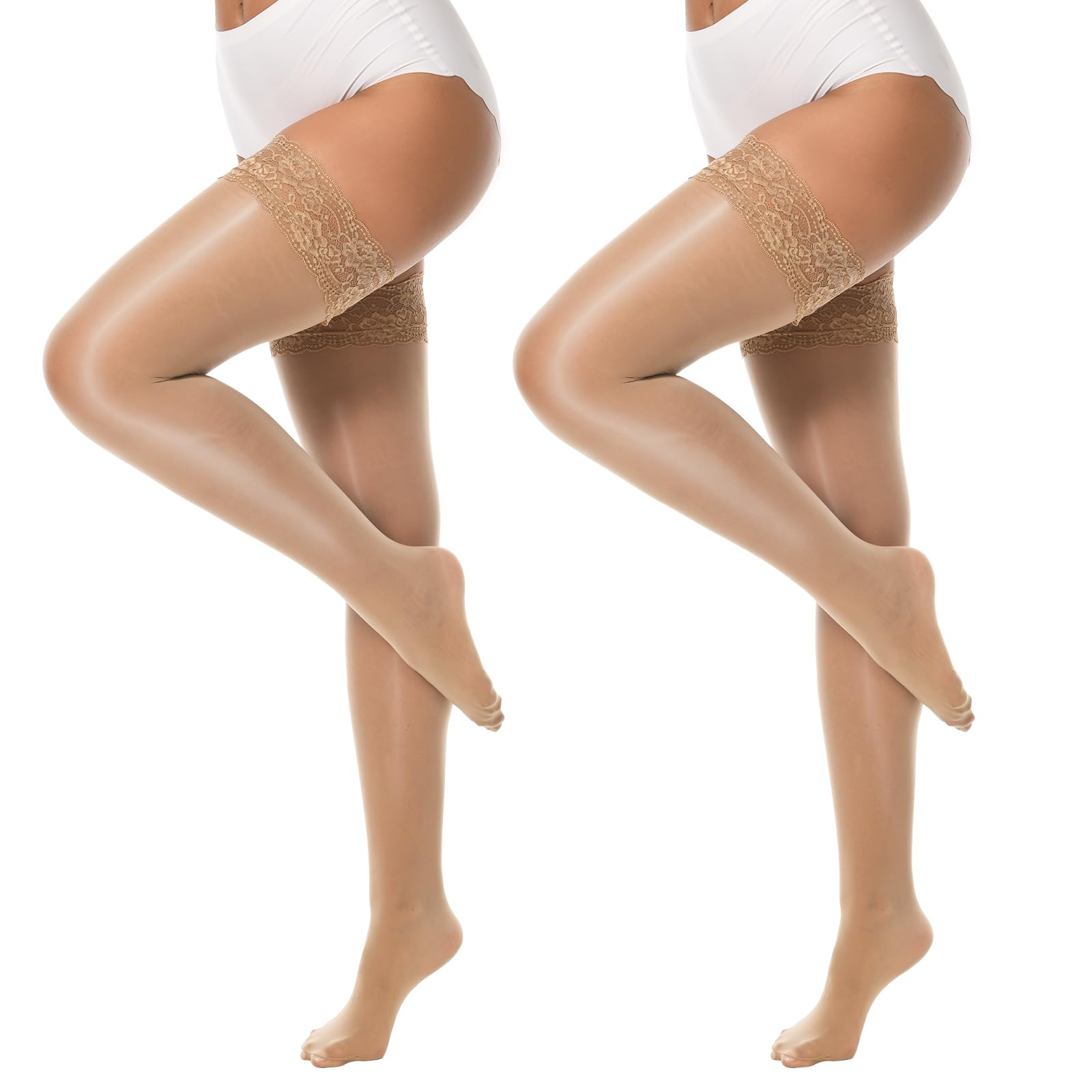 Manzi Women's Natural Shiny Thigh High Stockings Sexy Hold Ups Stockings Silky Sheer Lace Top Stocking For L-Xl