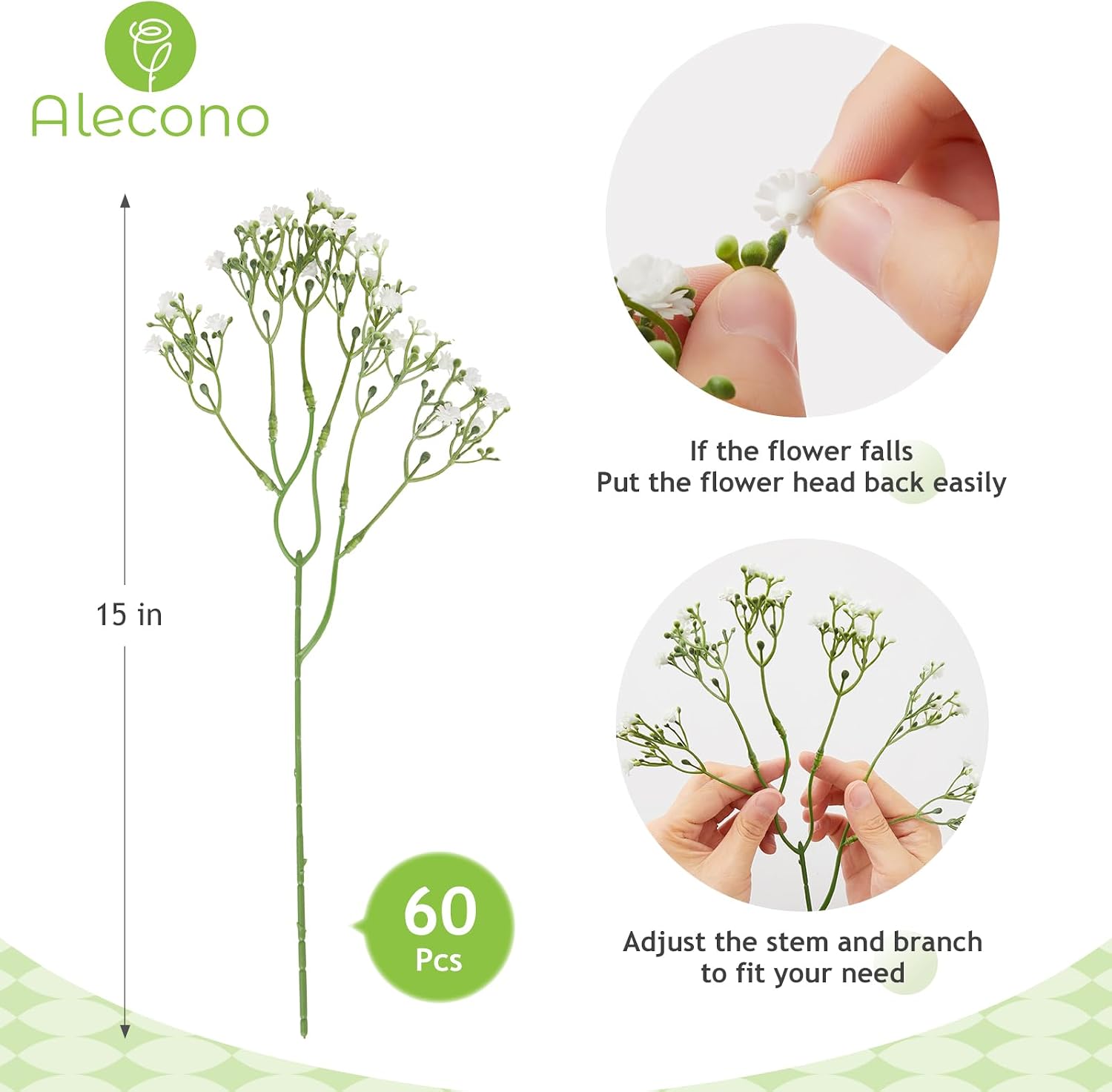 Alecono Babys Breath Artificial Flowers 60 Pcs, White Artificial Baby Breath Bulk for DIY Floral Bouquets for Wedding, Fake Babies Breath Real Touch Flowers for Home Decorations