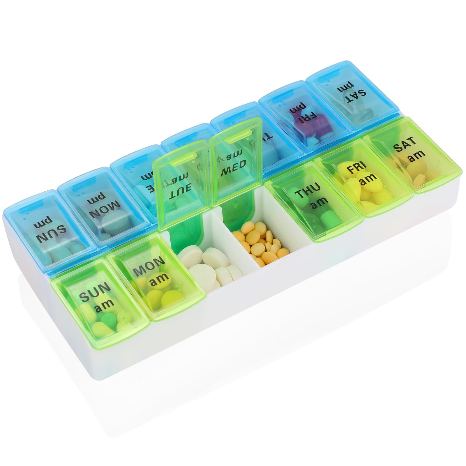 Weekly Pill Organizer 2 Times A Day 7 Day Pill Box Holder Large Daily Medicine Organizer Travel Pill Case Pill Container (2 Times Blue+Green)