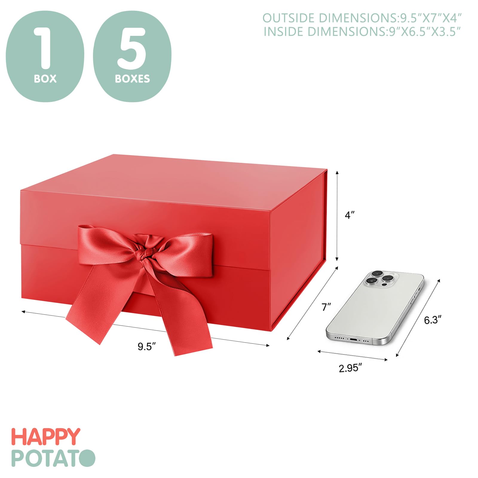 HAPPY POTATO 5 cajas de regalo con cinta de 9.5 x 7 x 4 pulgadas, cajas de regalo rojas navideñas con tapas, cajas de regalo plegables, cajas de regalo con cierre magnético para todas las ocasiones