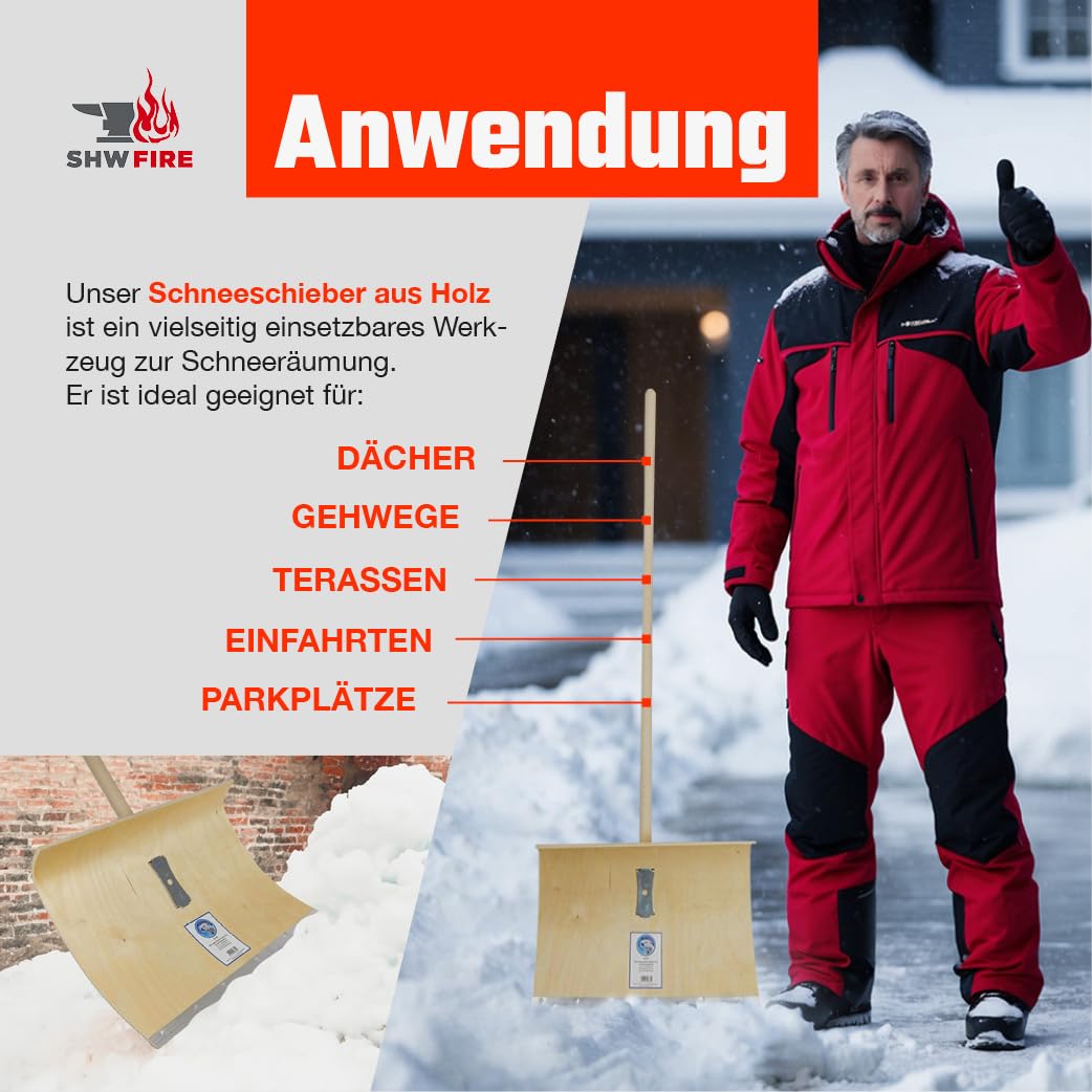 SHW-FIRE | Schneeschieber mit 50cm Schaufel und 144 cm Ovalstiel, Schaufel mit 5-Fach verleimtem Sperrholz mit Stahlschutzkante Premium Schneeschaufel mit Buchenholzstiel | Made in Germany