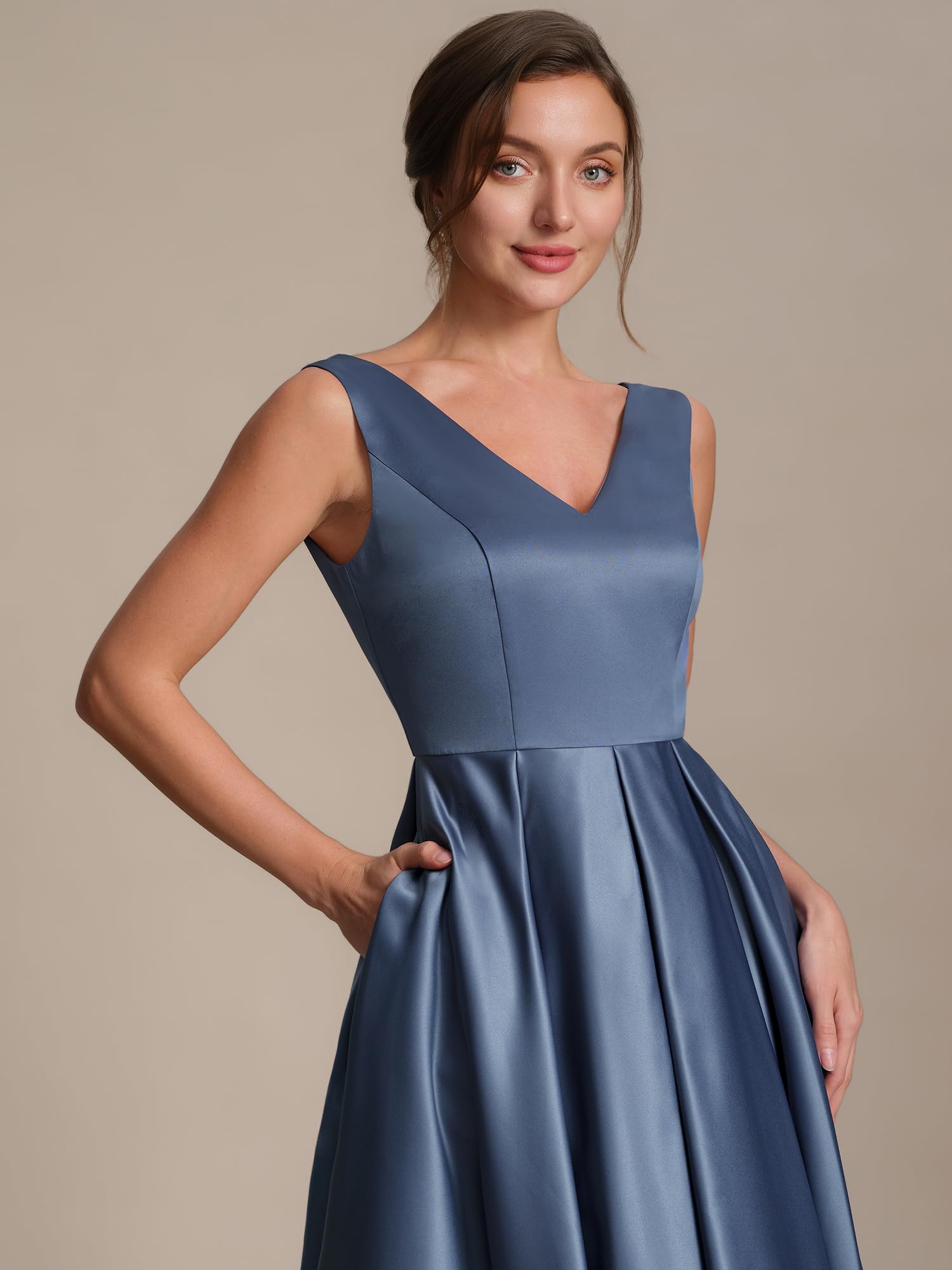 Ever-Pretty Vestito Donna Elegante Collo a V Senzamaniche Satin Midi Gonna a Ruota EG02774
