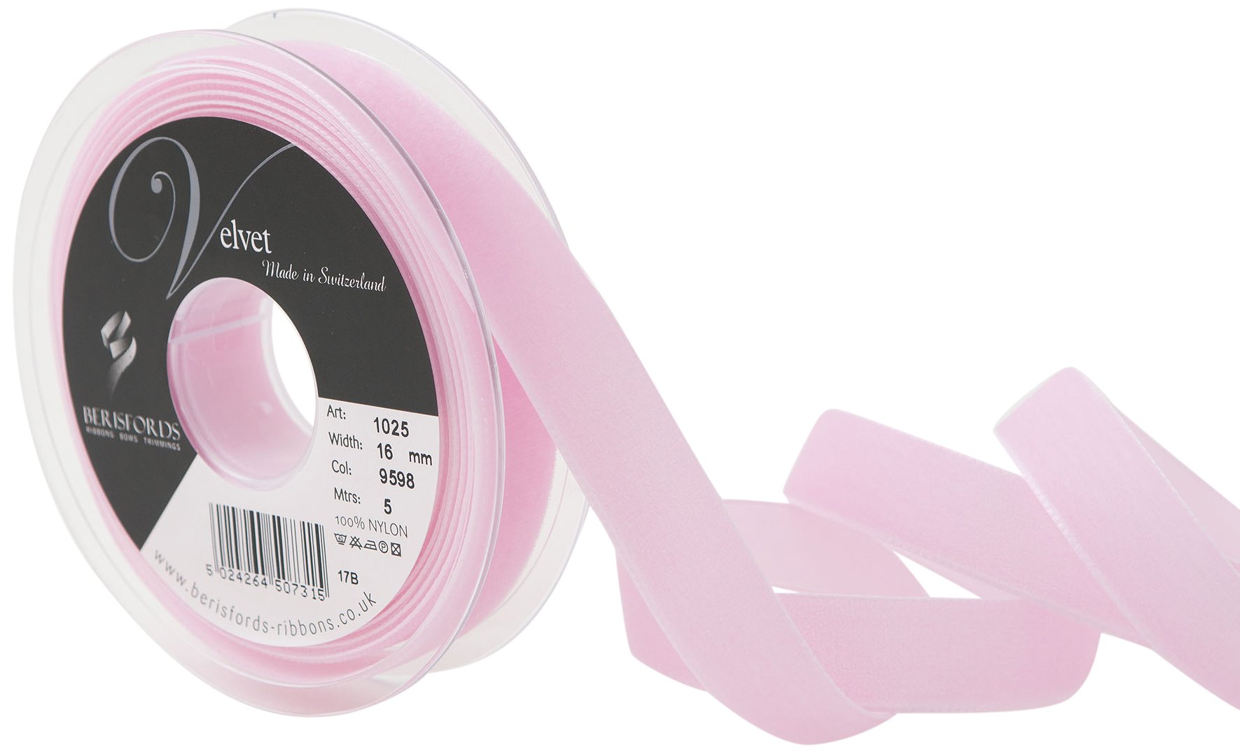 Berisfords Baby Pink Velvet Ribbon, 102 X 21 X 102 Cm