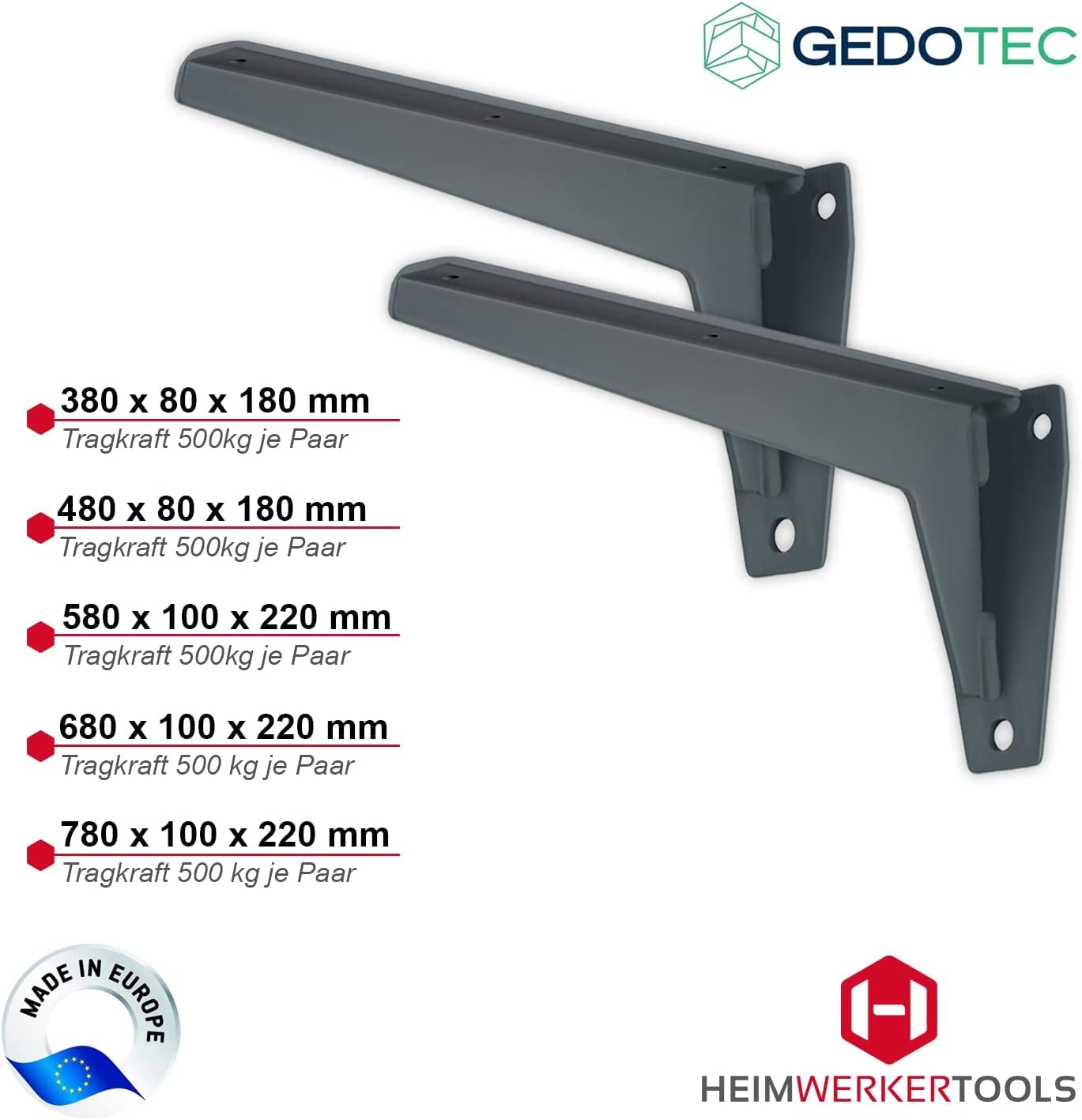 Gedotec Schwerlast-Konsole | 2 Stk - Regal Winkelträger | MIRA Strong | Länge 780 mm | Tragkraft 500 kg per Paar | Regalhalterung Stahl massiv grau | Regal Halterung Wand - Regalträger für Wandmontage
