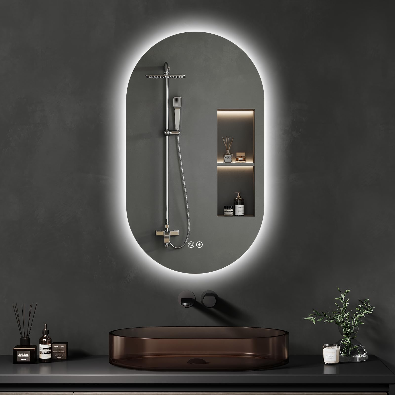 Archaluxe Badspiegel mit Beleuchtung 50x90 cm, Oval LED Badezimmerspiegel