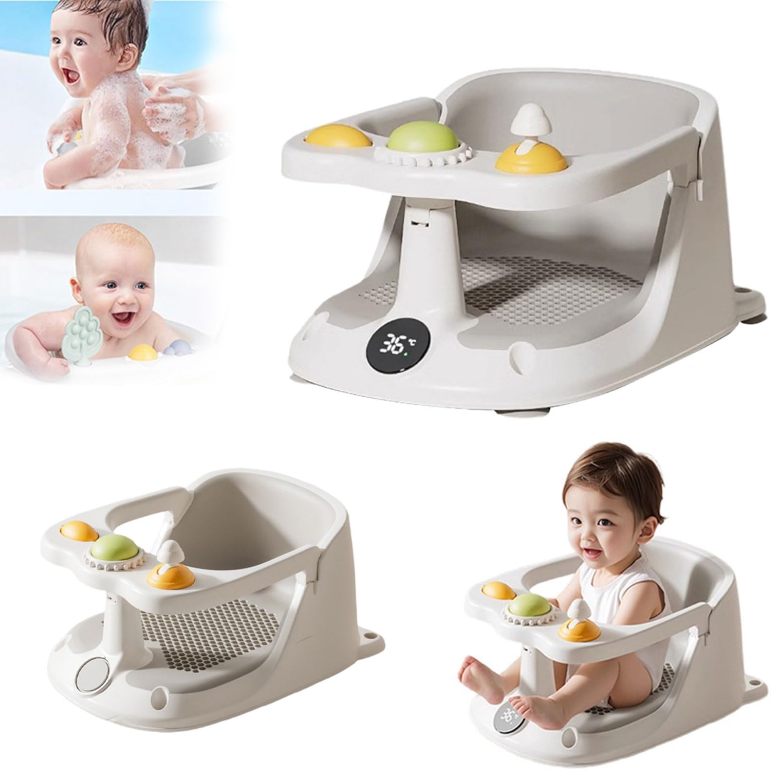 Foldable Booster Seat - Removable Tray Booster Toddlers Chair with Detachable Sunshade Travel Portable with Removable Tray for Indoor Outdoor Sit Folding Booster Feeding/Camping (LED Bath Seat)