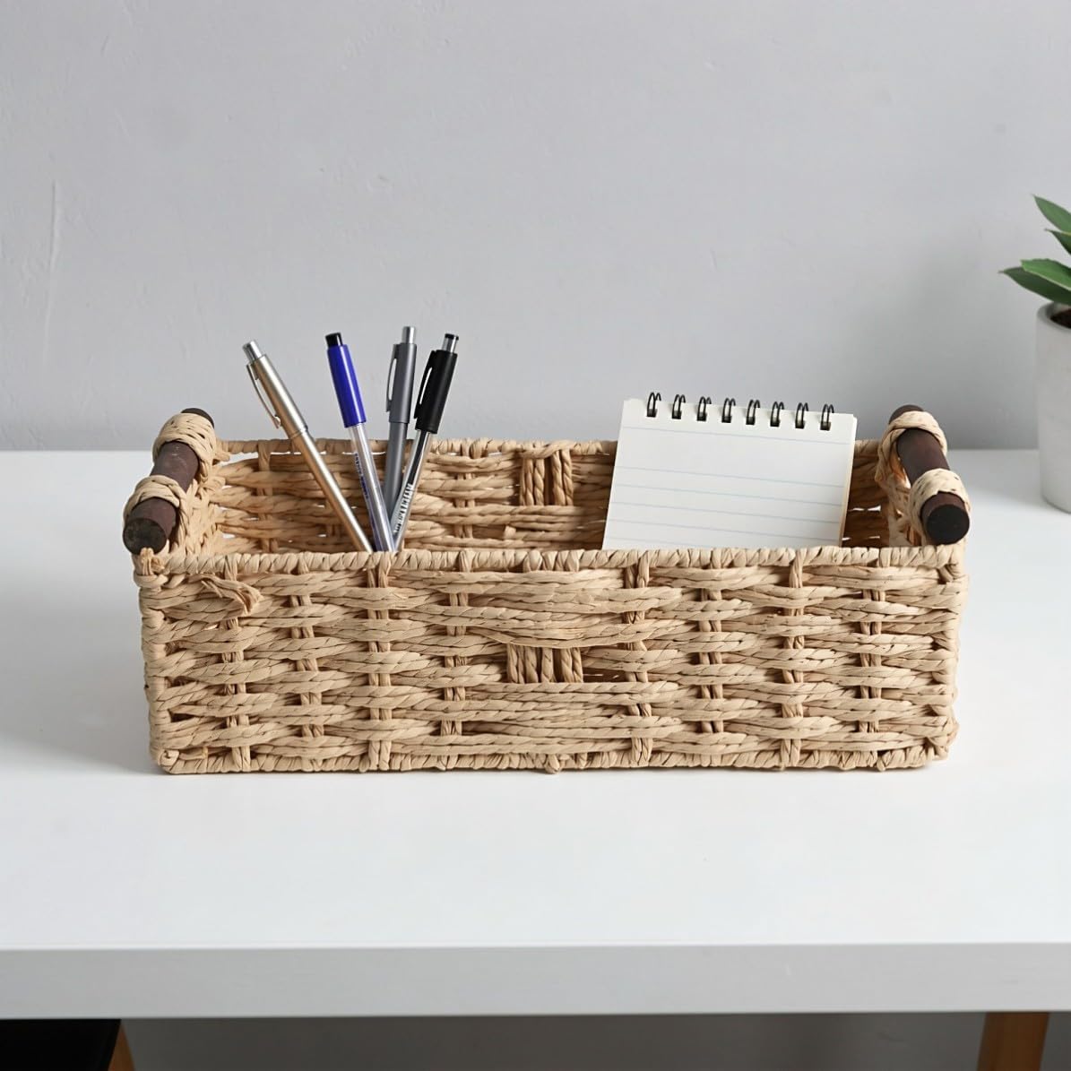 Bathroom Woven Storage Basket with Wood Handles for Toiletries