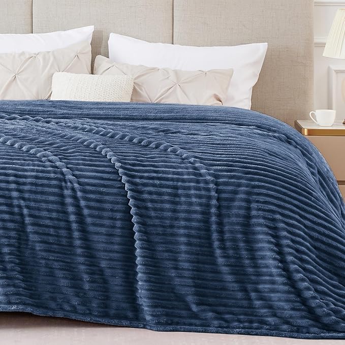 Image of WONJU Premium Ultra Soft Coral Fleece Blanket for Bed & Sofa | Warm Plush Ribbed Throw | Lightweight Cozy Winter Blanket | Machine Washable | Multiple Colors (Blue)