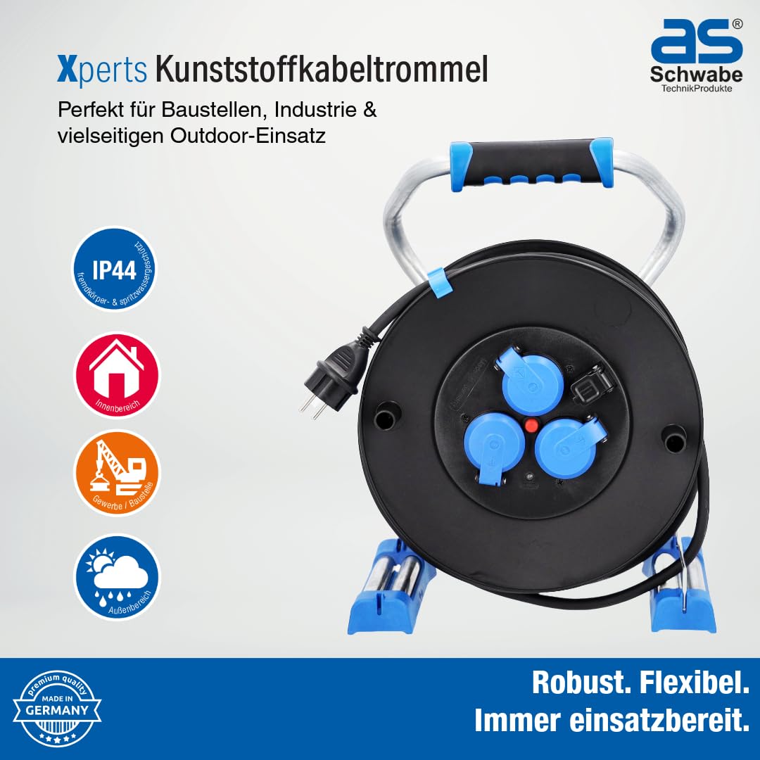 as - Schwabe Xperts enrollacables 50 m H07RN-F 3G1,5, IP44 exterior, 3 tomas de corriente con toma de tierra + puerto USB, visualizador de tensión, Interruptor térmico, Made in Germany