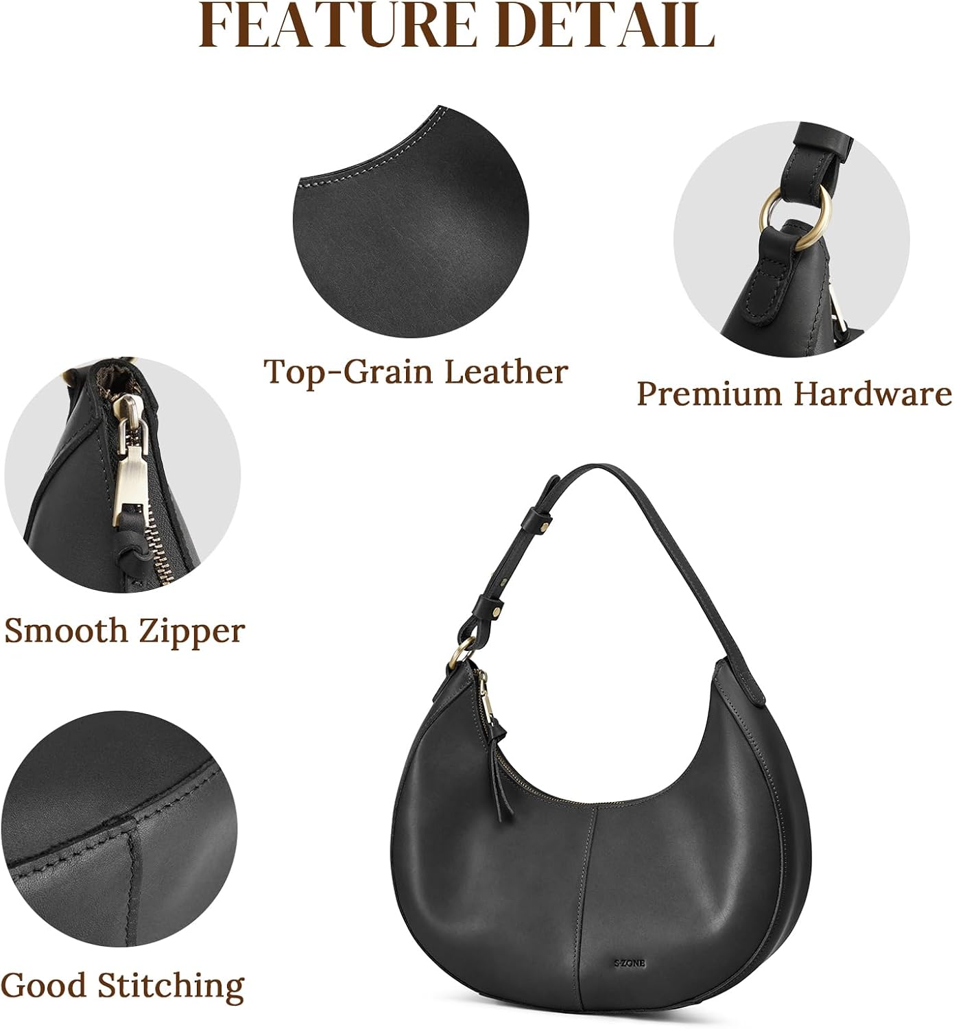 S-ZONE Top Grain Leather Shoulder Bags for Women Hobo Crescent Bag Handbags Purse