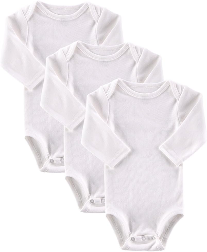 Long Sleeve Onesie Bodysuit For Infant Baby Boy Girl, 3 Pack Pure White Cotton Onesies Bodysuits
