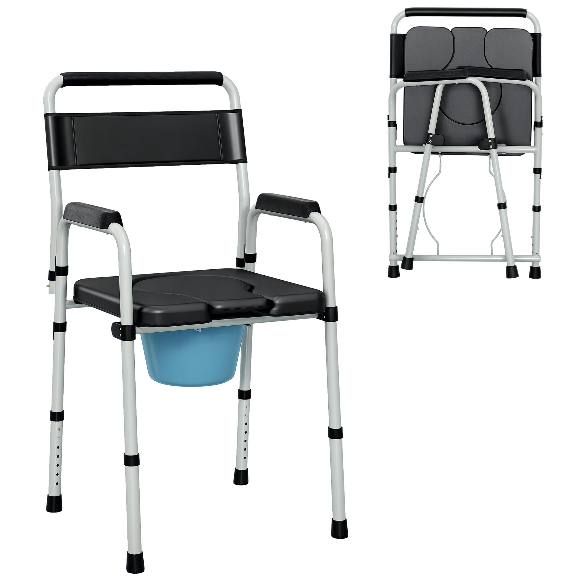 HOMCOM Sedia WC per Anziani Regolabile in Altezza su 7 Livelli 81.5-97cm con Secchio Rimovibile, Sedia Comoda WC Pieghevole con Braccioli e Schienale in Acciaio e Pelle PU, Capacità Peso 150 kg, Nero